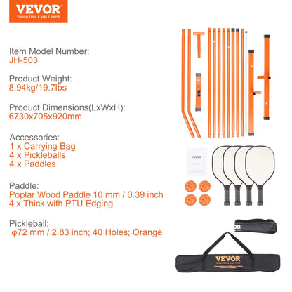 VEVOR 22FT Portable Pickleball Net Set - Complete System with Carrying Bag, Balls & Paddles for Ultimate Outdoor Fun