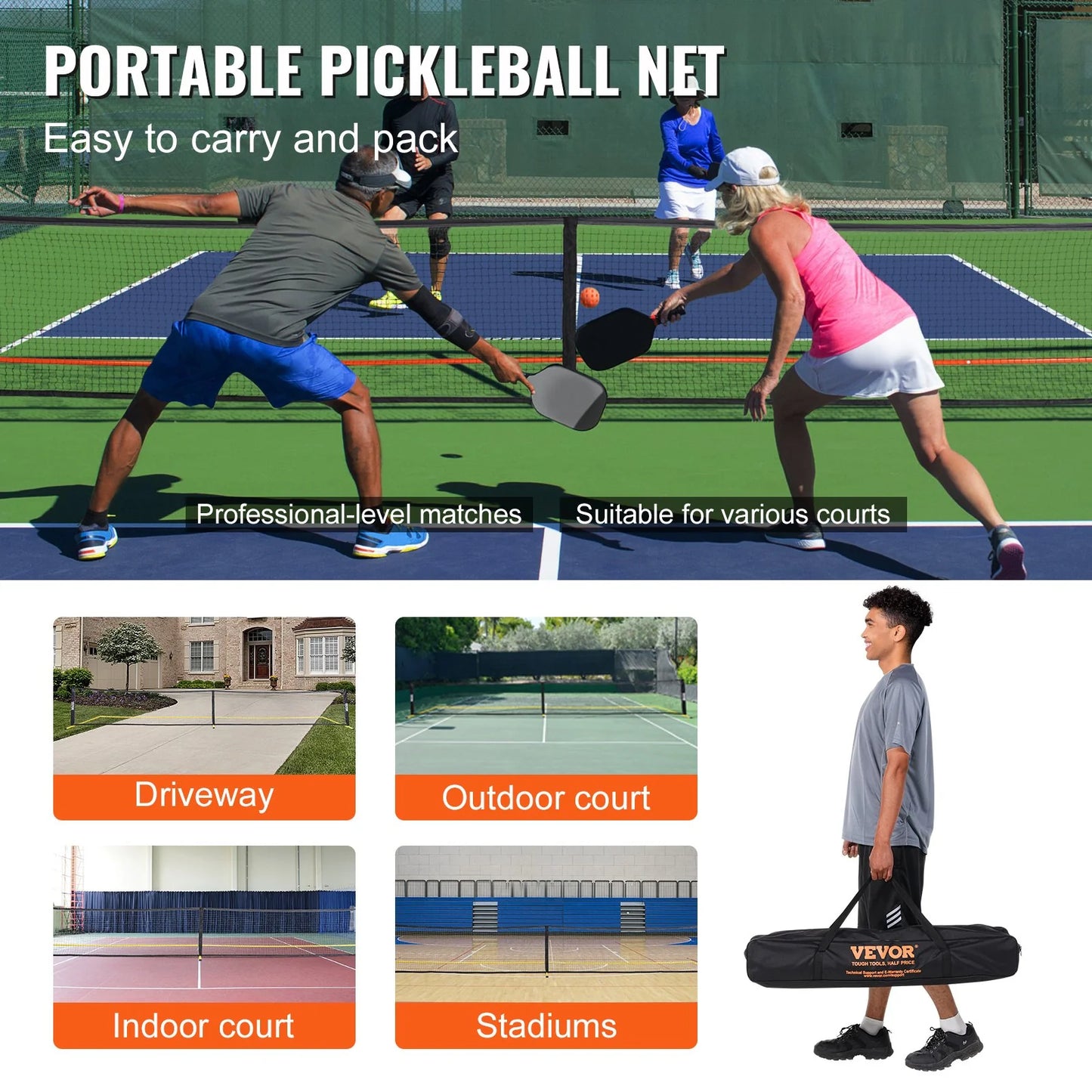 VEVOR 22FT Portable Pickleball Net Set - Complete System with Carrying Bag, Balls & Paddles for Ultimate Outdoor Fun