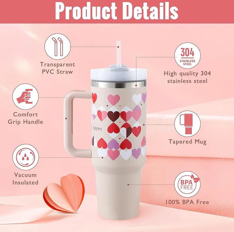 40 Oz Insulated Tumbler with Handle and Straw - Spill Proof Stainless Steel Coffee Cup for Travel, Gym, and Office - Perfect Gift for Valentine's Day and More