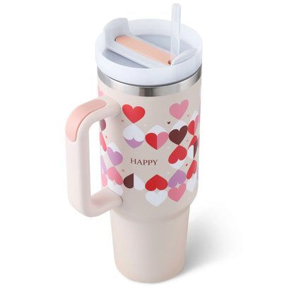 40 Oz Insulated Tumbler with Handle and Straw - Spill Proof Stainless Steel Coffee Cup for Travel, Gym, and Office - Perfect Gift for Valentine's Day and More